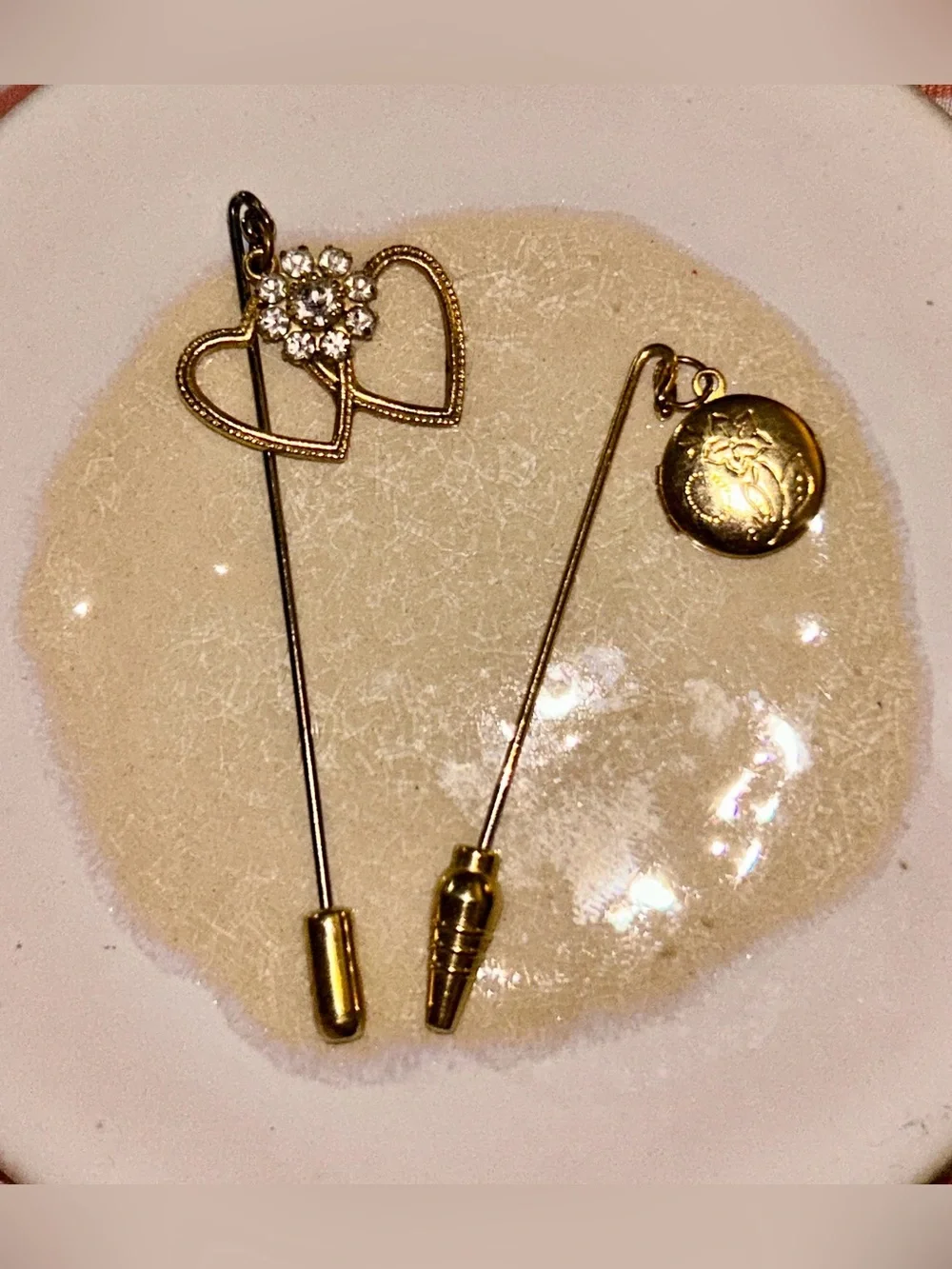 Gold-Tone Heart & Floral Locket Tie Stick Ladies Keepsake Pin Set of 2